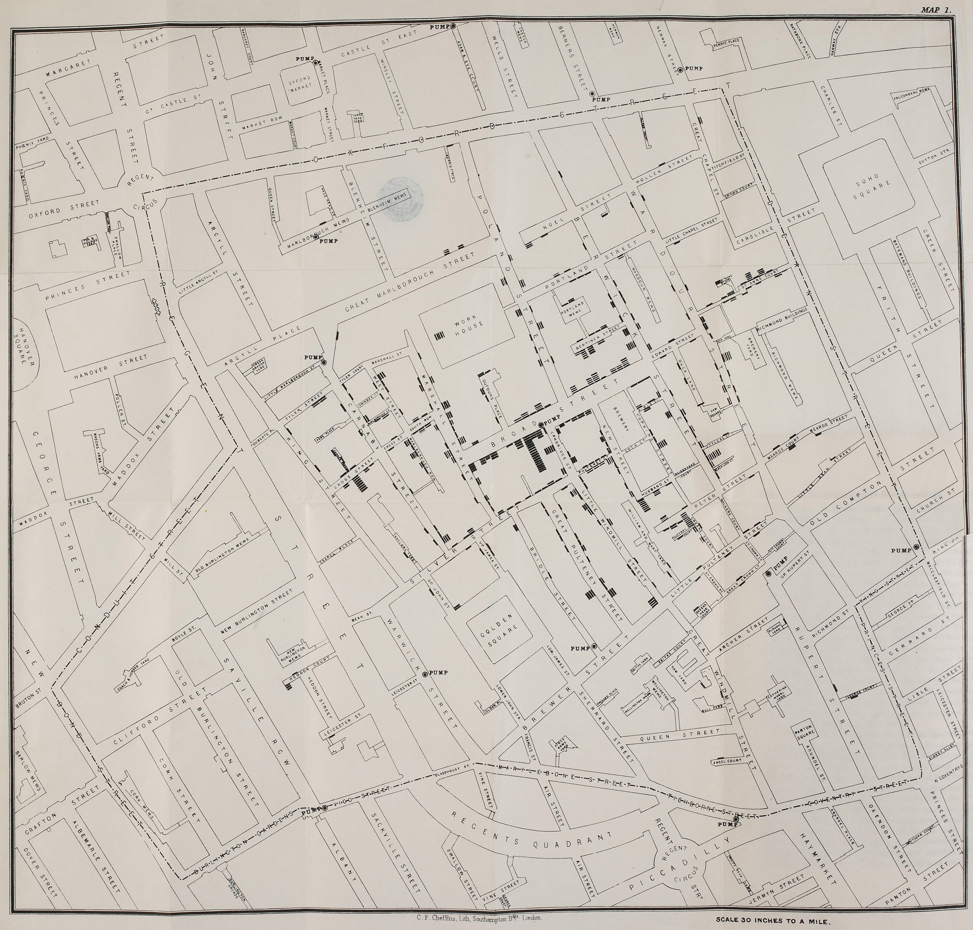 John Snow’s map on the cases of cholera surrounding the Broad Street water pump. Image credit: bl.uk